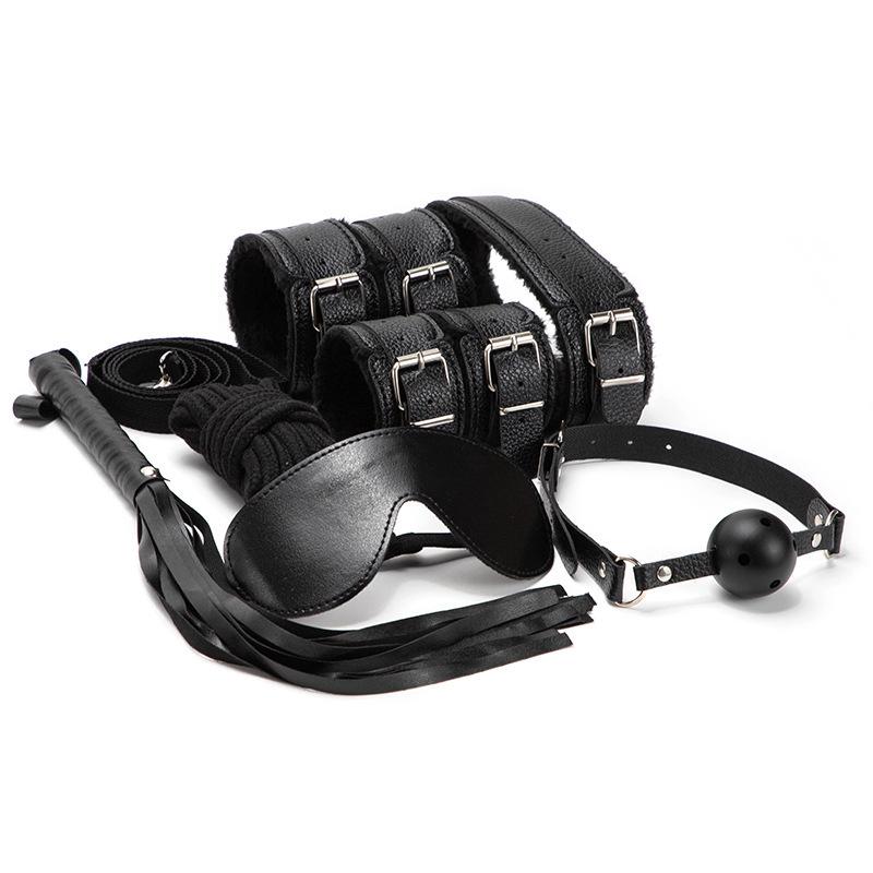 7-Piece Erotic SM Set: Plush Handcuffs, Leather Whip, Binding Restraints & More.