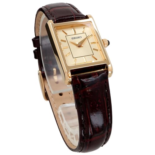 Seiko Women's Square Quartz Watch SWR066 with Champagne Gold Dial and Brown Leather Band