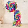 Women Plus Size Round Neck Batwing Sleeve Tie Dye Printed Ruffle Hem Top Fishtail Skirt Two Piece Set