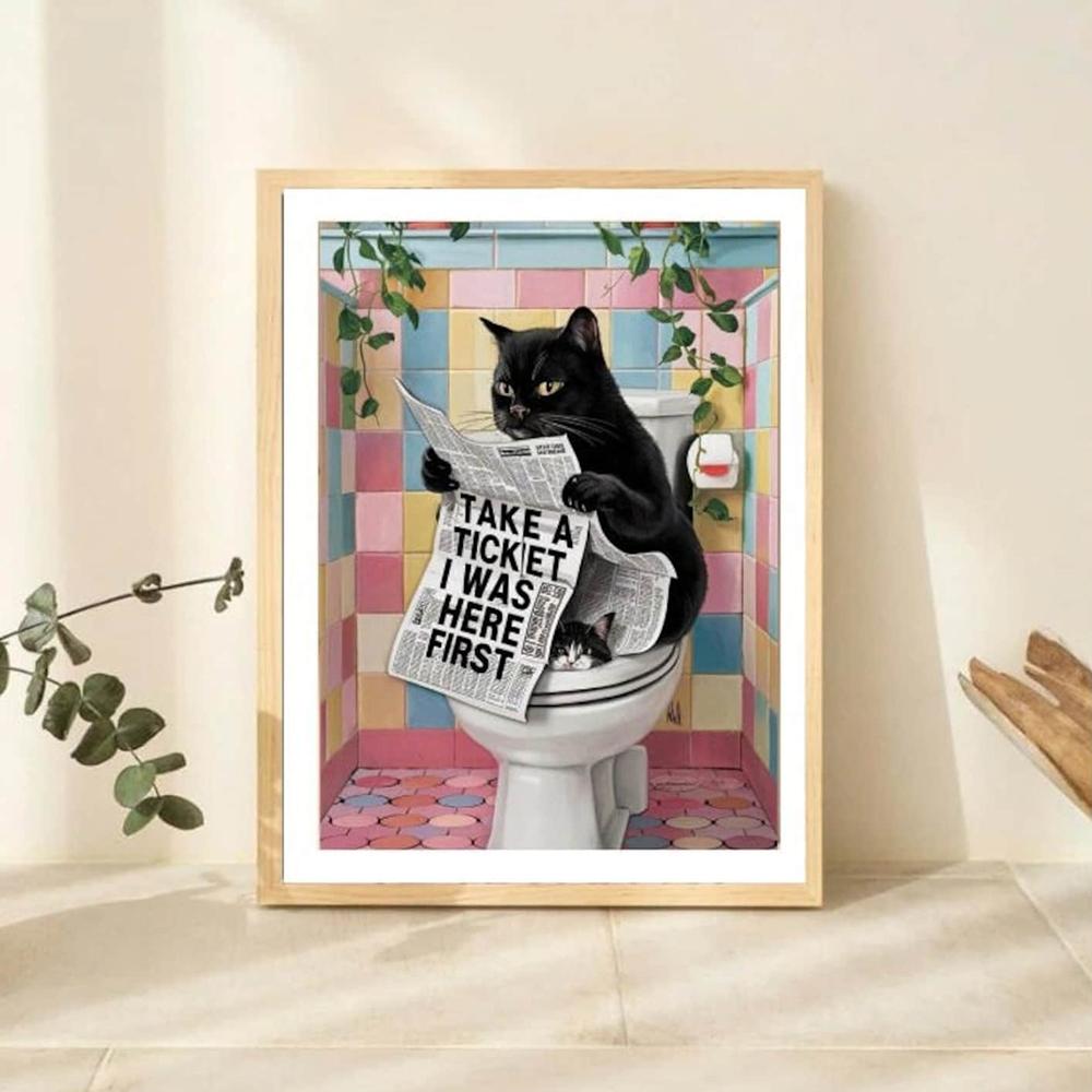 Funny Pink Bathroom Wall Decor Pooping Cat Print Toilet Wall Art Funny Cat Poster Bathroom Home Decoration Canvas Painting