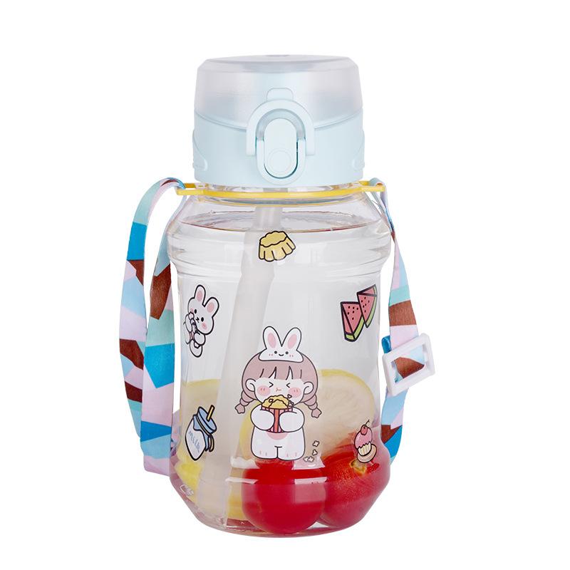 Water bottle New plastic straw cup Children's cartoon one-click elastic cover cup Baby learning drinking cup Outdoor portable strap water cup