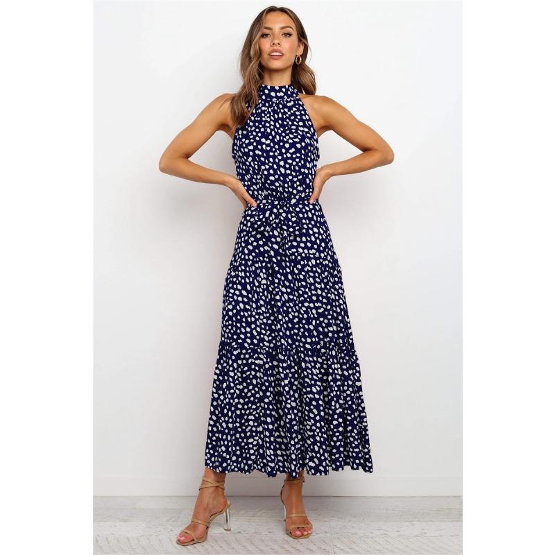 Women's Hanging Neck Polka Dot Printed Tie Dress Long Long Dress
