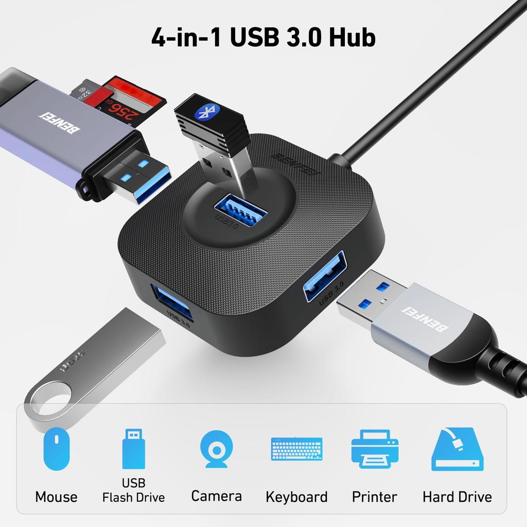 BENFEI USB Hub 4 Port USB A Splitter Is and Allows You To Connect Your Flash USB Flash and Is Compatible with Desktop and 3.0 Ultra-compact Mouse,