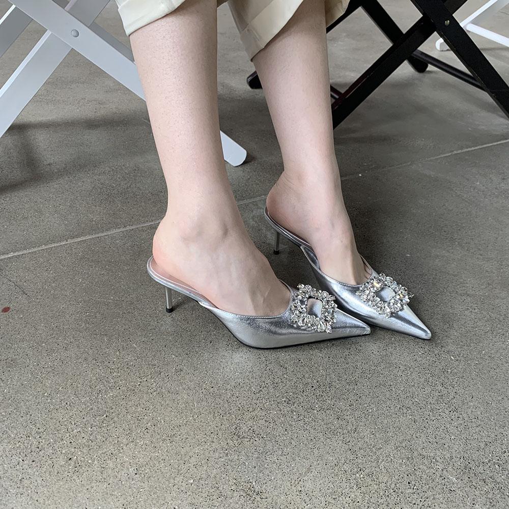 fashion Gold White Black Silver Summer Outside Dress Shoes Thin High Heels Rhinestone Crystal Buckle Sexy Pumps Shoes Woman Size 35-39