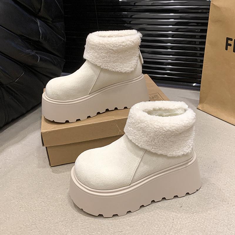 

Модная зимняя мода Массивные женские меховые сноубутсы Лаконичная обувь на высокой подошве Женские уличные сохраняющие тепло хлопковые короткие ботильоны 35 бежевый