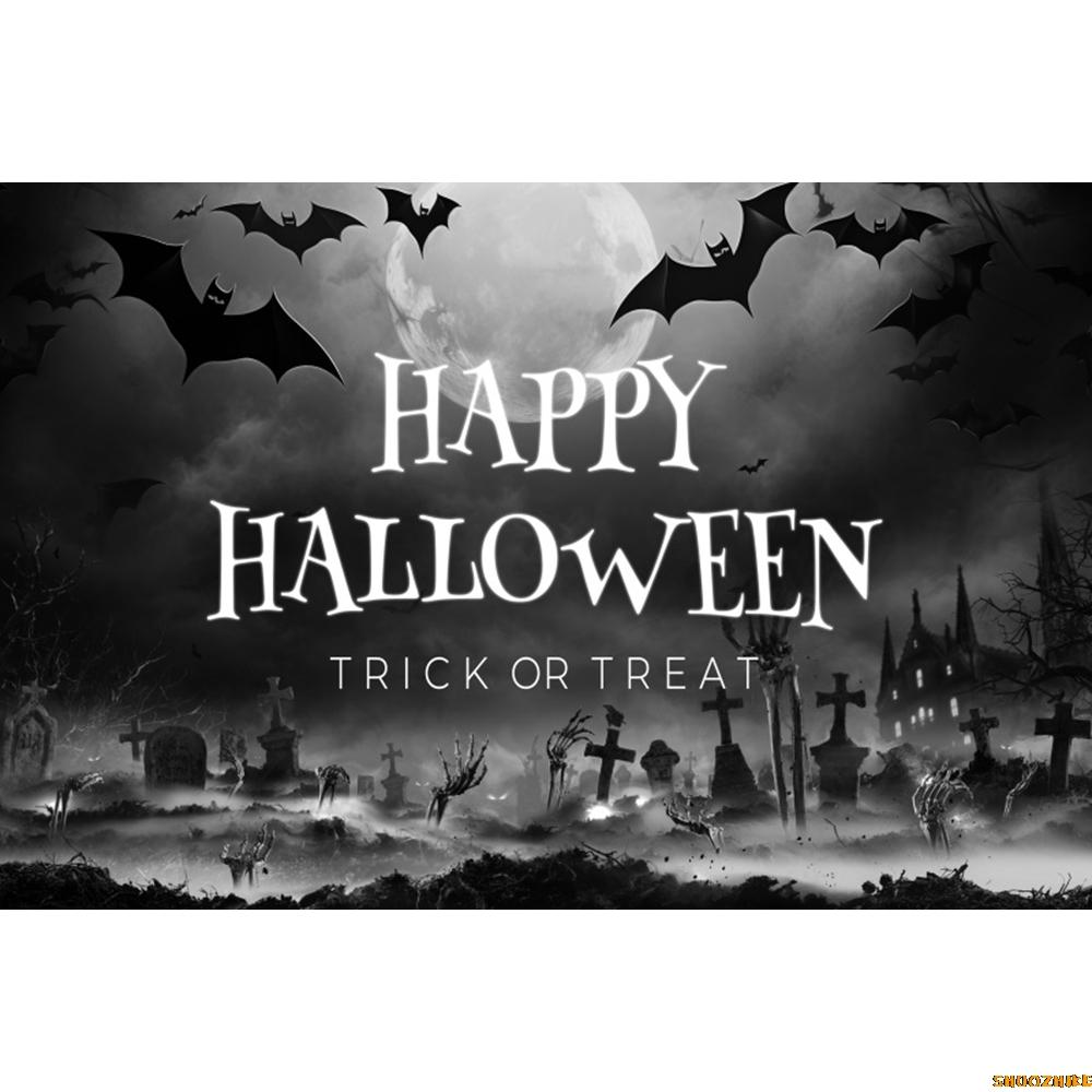 1pc Grey Halloween Party Backdrop with Gothic Night Moon Castle Pumpkin Bat Cat Wolf Banner for Halloween Theme Party Decoration