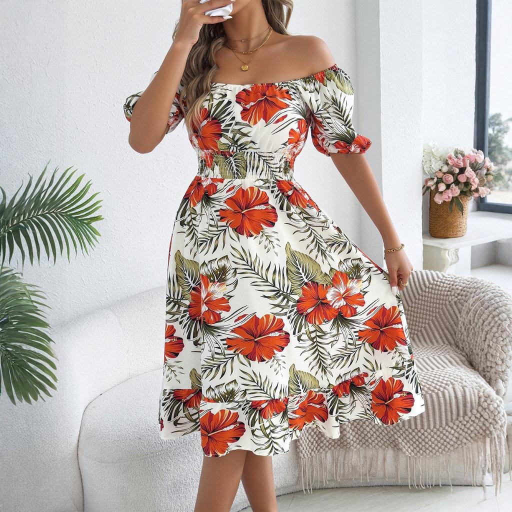 Women's Fashionable Floral Print Off Shoulder Short Sleeved Ruffle Edge Holiday Beach Loose Dress