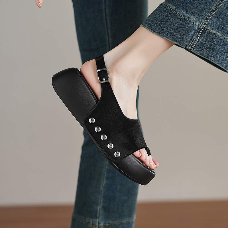 Krazing Pot Horsehair Natural Fur Summer Size 42 European Design Thick Bottom Flat Platform Women Superstar Peep Toe Sandals