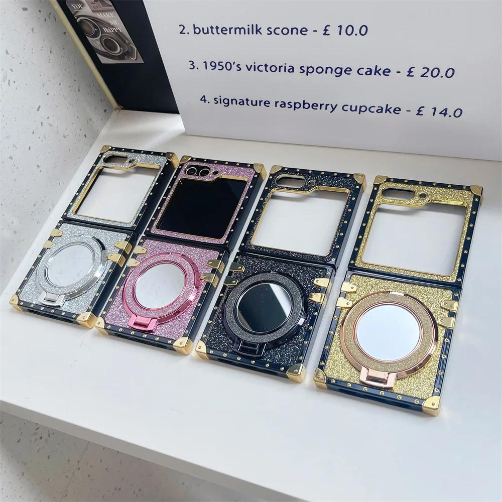 Verchromung Bling Glitzer Niedlich Mädchenhaft Handyhülle mit Spiegel Magnetischer Halter Für Samsung Galaxy Z Flip 6 5 4 3 5G Rückseite