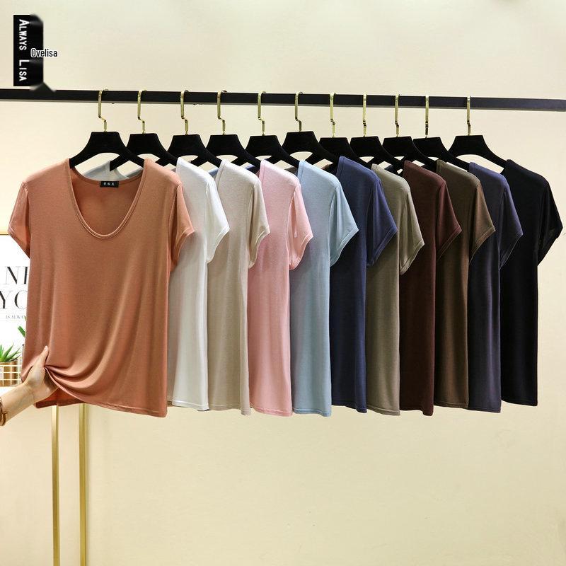 Women's Plus Size Modal Round Neck Short Sleeve T-Shirt, Spring/Summer Lightweight Loose Slimming Base Layer Versatile Top