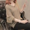 Frühling Herbst Koreanische Damen Spitze Fledermausärmel Oberteil Einfarbig Loch Rundhals Strick Lockerer Pullover