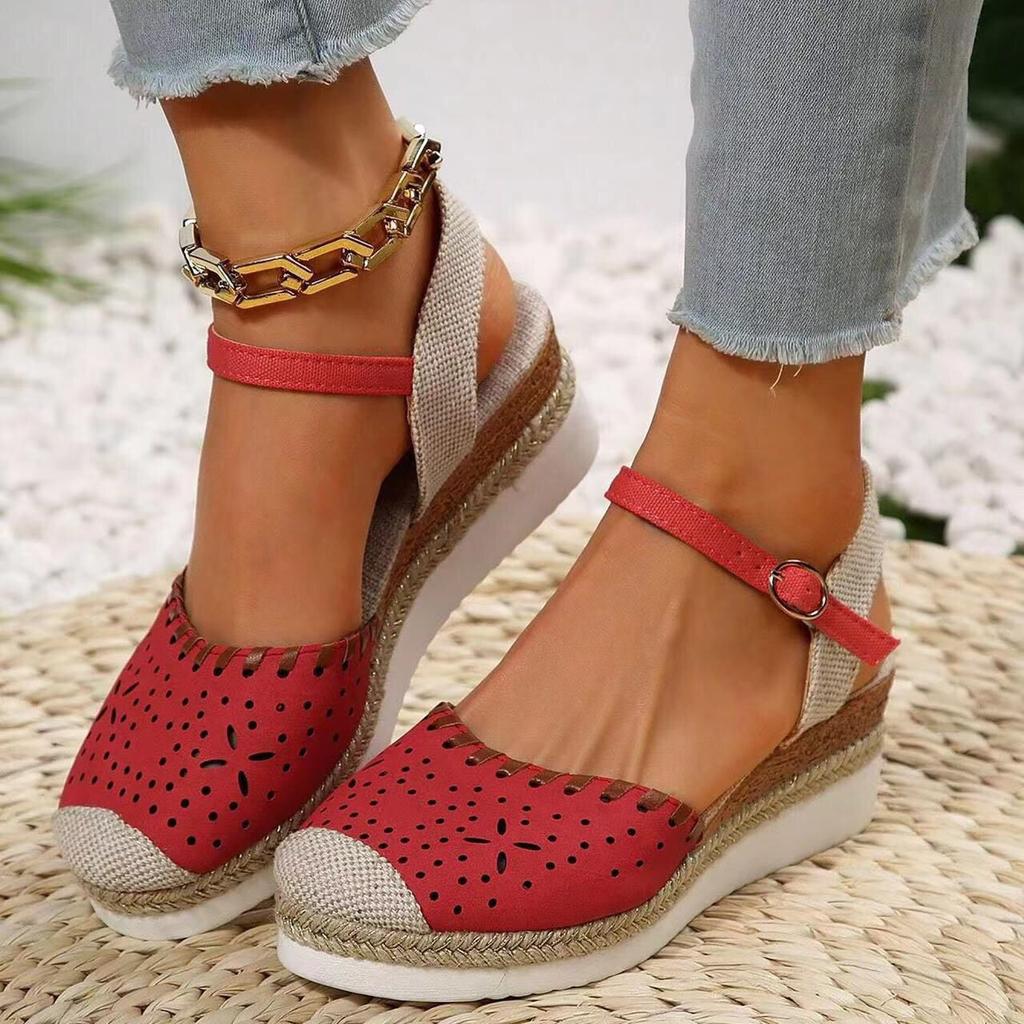 French Hemp Rope Thick Soled Toe Sandals for Women, Oversized Casual Wedge Heel Buckle, Foreign Trade Cross-border Women's Shoes