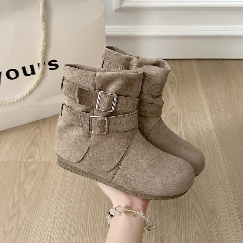 [Fanfna] Retro Suede Short Boots Women's 2025 Autumn New Round-head Martin Boots Low Tube Western Pile Boots