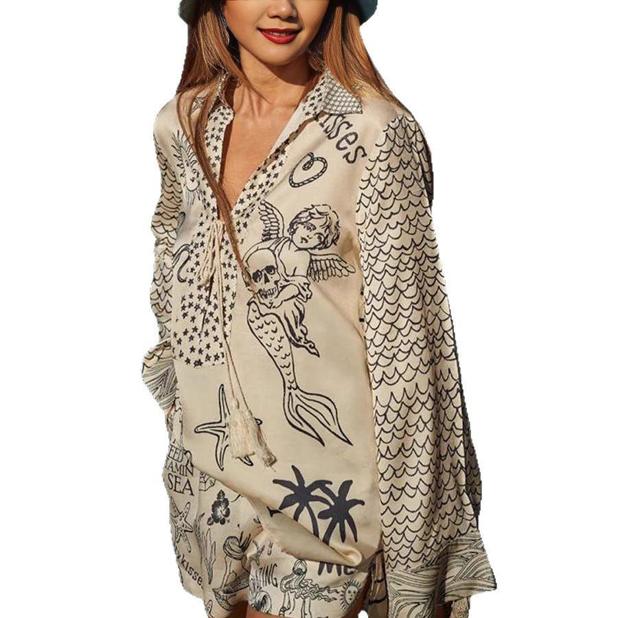 Kimono de Manga Larga con Cuello en V Holgado para Mujer, Cubre Traje de Playa con Estampado Tropical