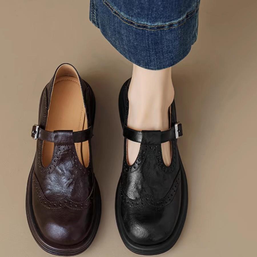 Fashion Women's Shoes T Strap Casual Vintage Lambskin Openwork Flower Flat Heel Loafers Women New Shoes Round Head  Leisure Daily Shoe