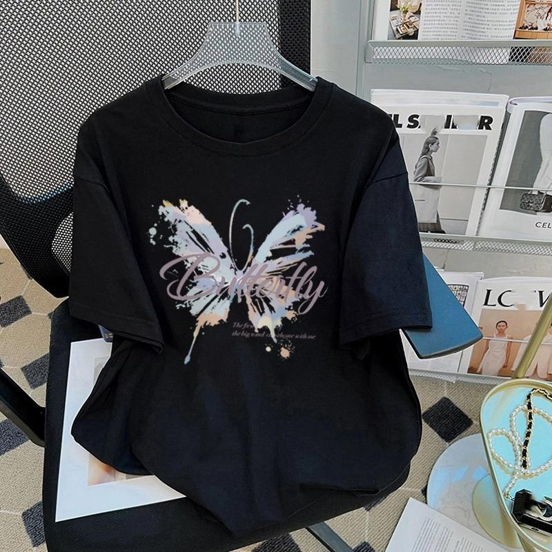Sommer Kinder Erwachsene Mode Schmetterlingsdruck Kurzarm T-Shirt Outdoor Lässig O-Ausschnitt Übergroß Damen T-Shirts Top Mädchen Kleidung