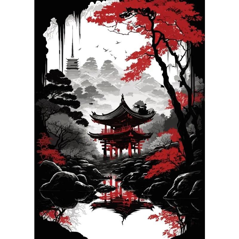Japanische Naturlandschaft Poster Drucke Abstrakt Roter Baum Und Pavillon Landschaft Leinwandmalerei Wandkunst Für Wohnzimmerdekor