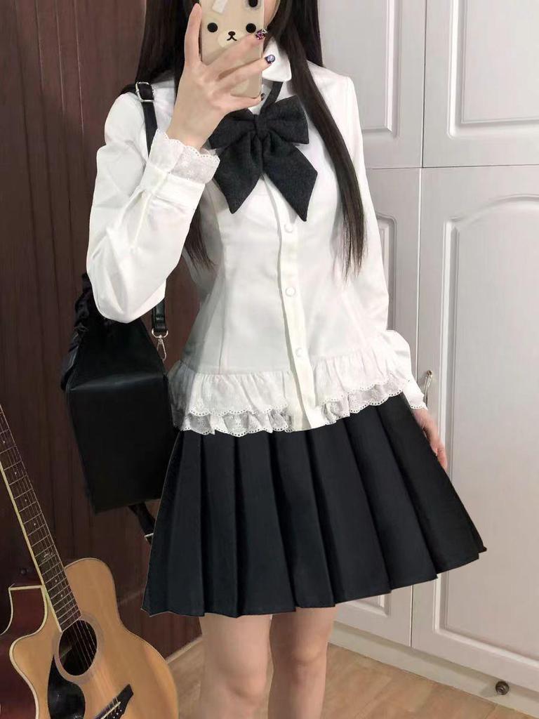 Women's Spring College Style Lace Trim Two-Piece Set: Slim Waist-Cinched Long-Sleeve Shirt & Pleated Skirt