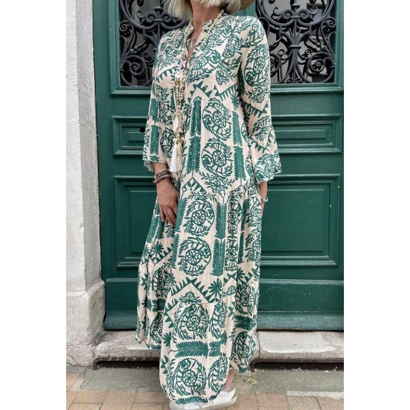 Women's Fashion Spring Fall Long Sleeve V-Neck Loose Waistline Casual Dresses