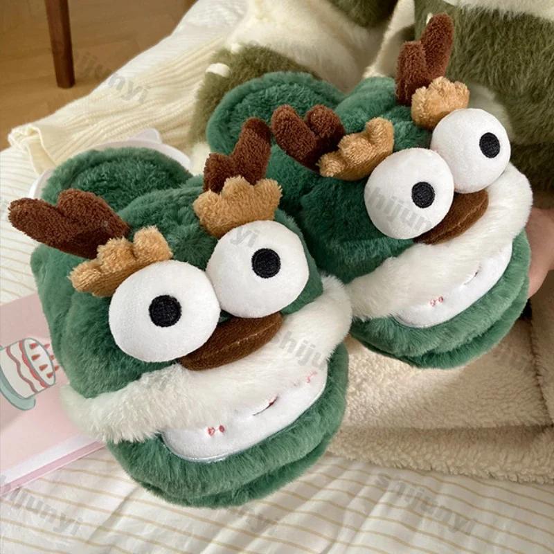 Fashion Women New Cute Christmas Elk Cotton Slippers Winter Fashion Indoor Non-slip Fluffy Slippers Women Warm Soft Fur Thick Sole Shoes