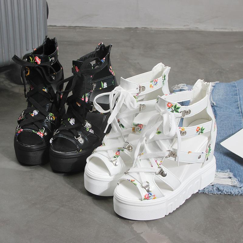 Sandały damskie na wiosnę i lato, na grubej podeszwie, na koturnie, z nadrukiem, z wycięciem typu rybi pysk, z zamkiem z tyłu, sznurowane, wysokie, antypoślizgowe, z miękką podeszwą, buty damskie