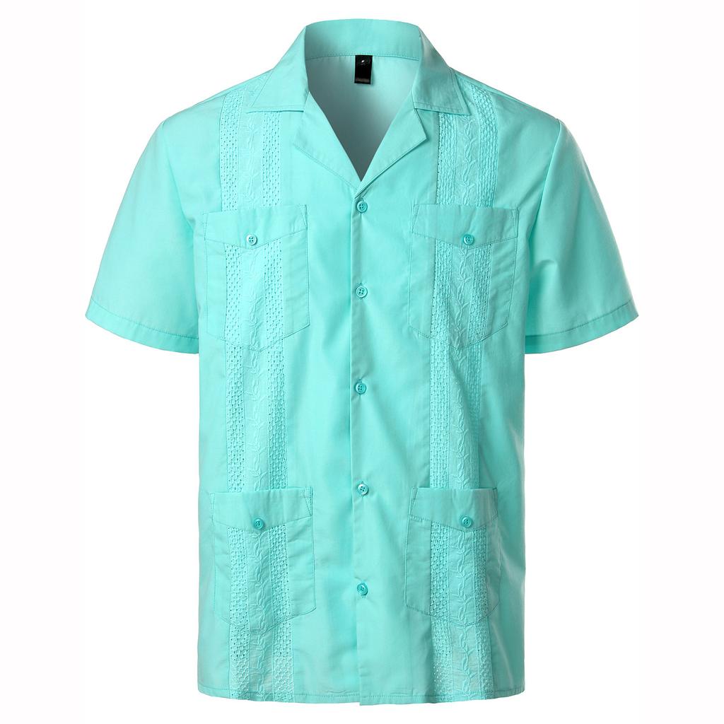 Mens Shirts Pockets Lapel Short Sleeves Cardigan Summer Thin Blouse Breasted Shirt