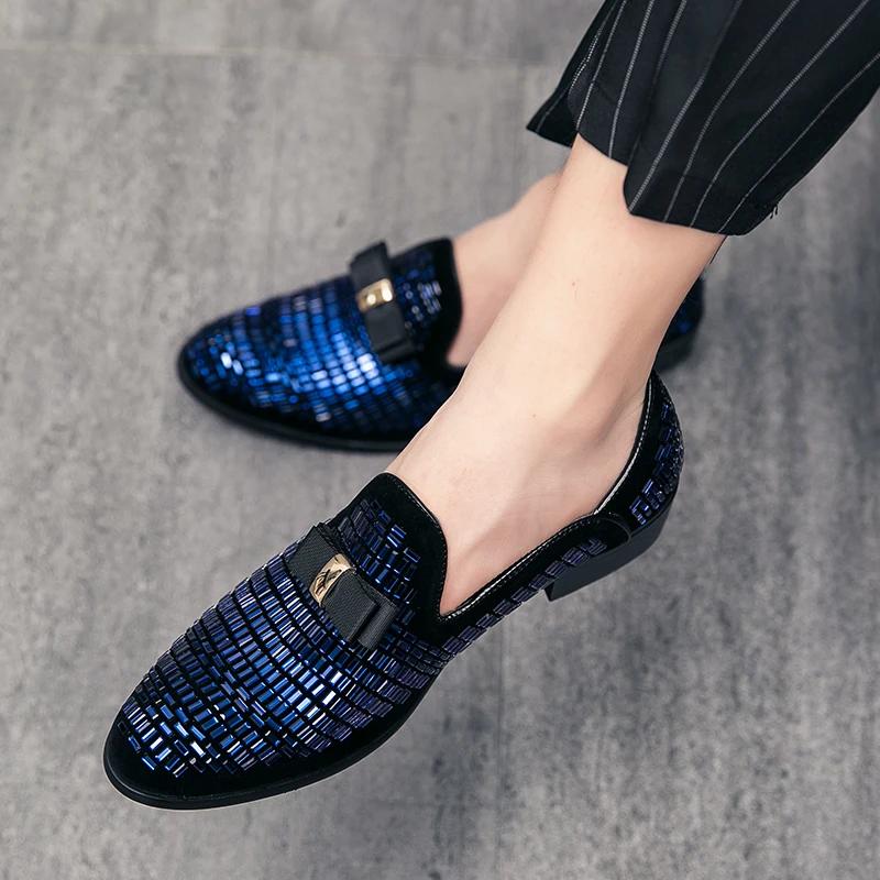 Fashion 2025 Men Evening Formal Dress Rhinestone Shoes Loafers Casual Prom Wedding Party Leather Slip on Shoes Silver Zapatillas Male