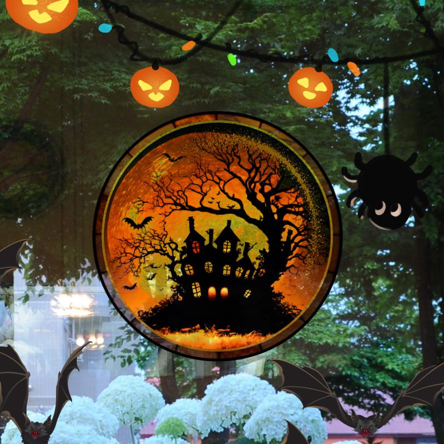 1 Pcs Halloween Home Party Decoration Stained Horror Castle Cat Static PVC Window Glass Stickers Glue Free Decorative