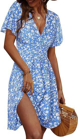 Ladies Suspender Skirt Summer Flower Short Sleeve Wrap V-Neck A Line Medium Length Dress Print