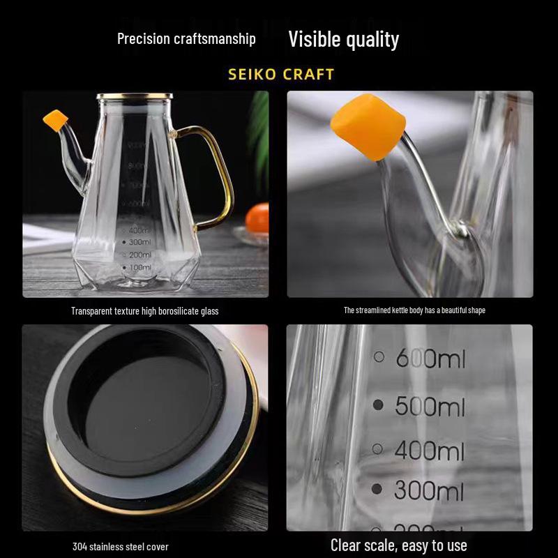 Leak-Proof Glass Oil Pot with Stainless Steel Lid – Large Kitchen Seasoning Bottle for Oil, Soy Sauce, or Vinegar