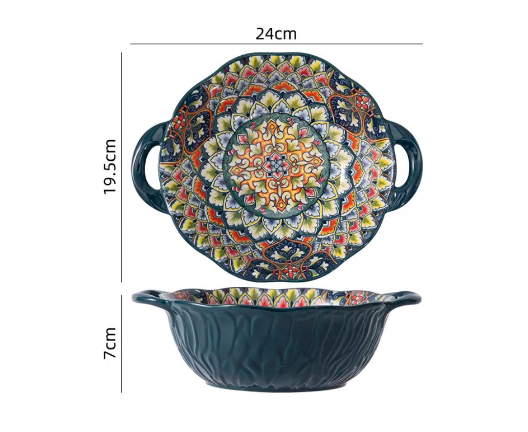 

Bohemian Style Ceramic Soup Bowl with Handle Microwave Safe Embossed Design Great for Serving Soups Salads Ramen Noodles 7.5 inch