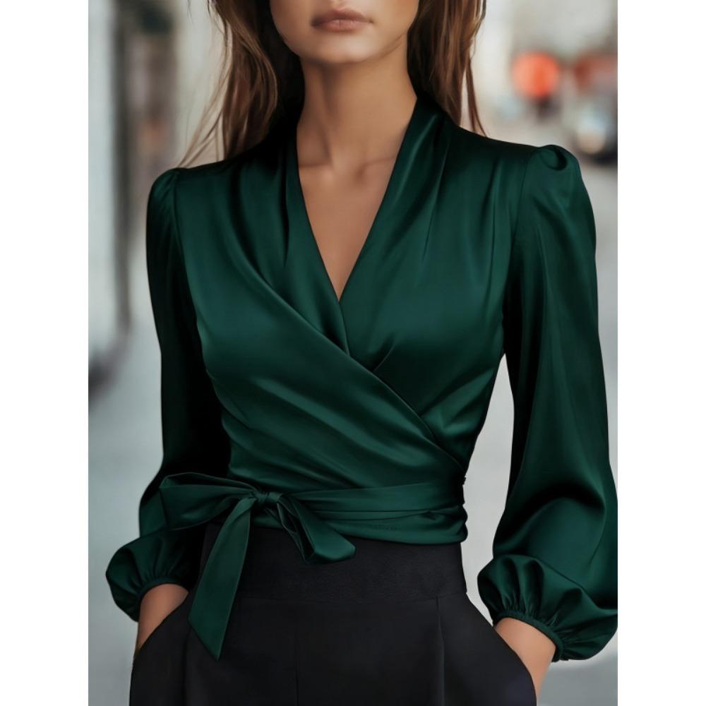 Women's V Neck Long Puff Sleeve Satin Wrap Blouse Self Tie Waist Elegant Office Crop Shirt