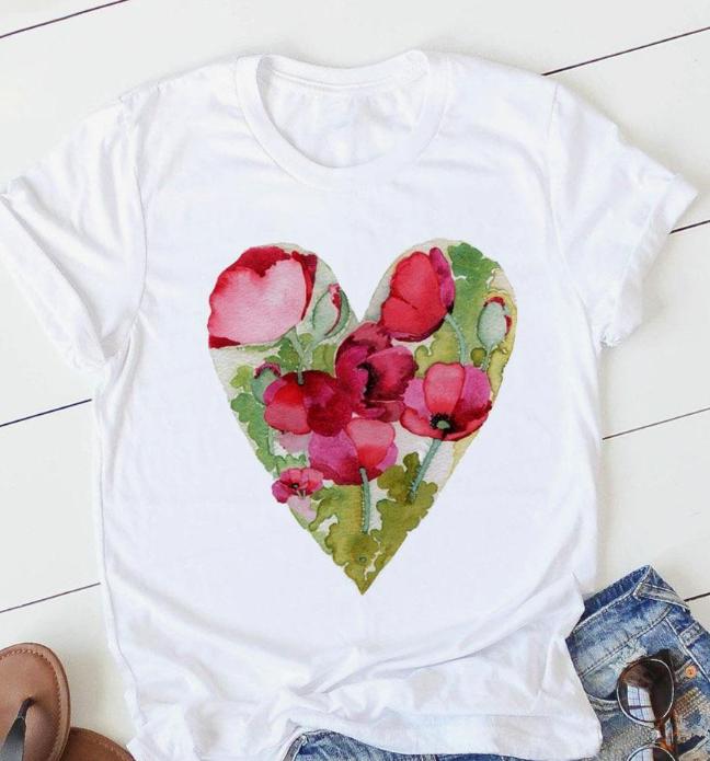 Blue Heart-Shaped Trendy Style Women's T-shirt Funny Cartoon Short-Sleeved Graphic T-Shirt Fashion Print for Casual Wear