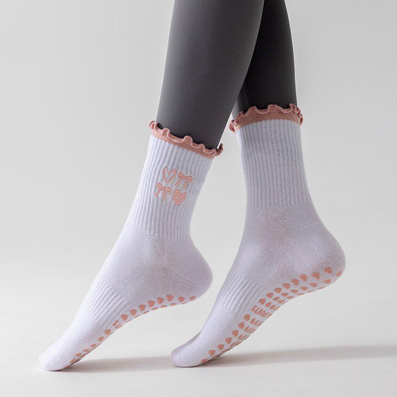 Women's Mid-Calf Non-Slip Yoga Socks with Bow and Heart Embroidery