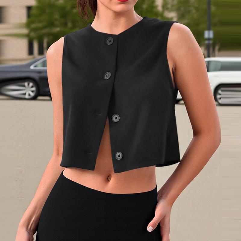 

ZANZEA Женские летние повседневные укороченные топы без рукавов с круглым вырезом L чёрный