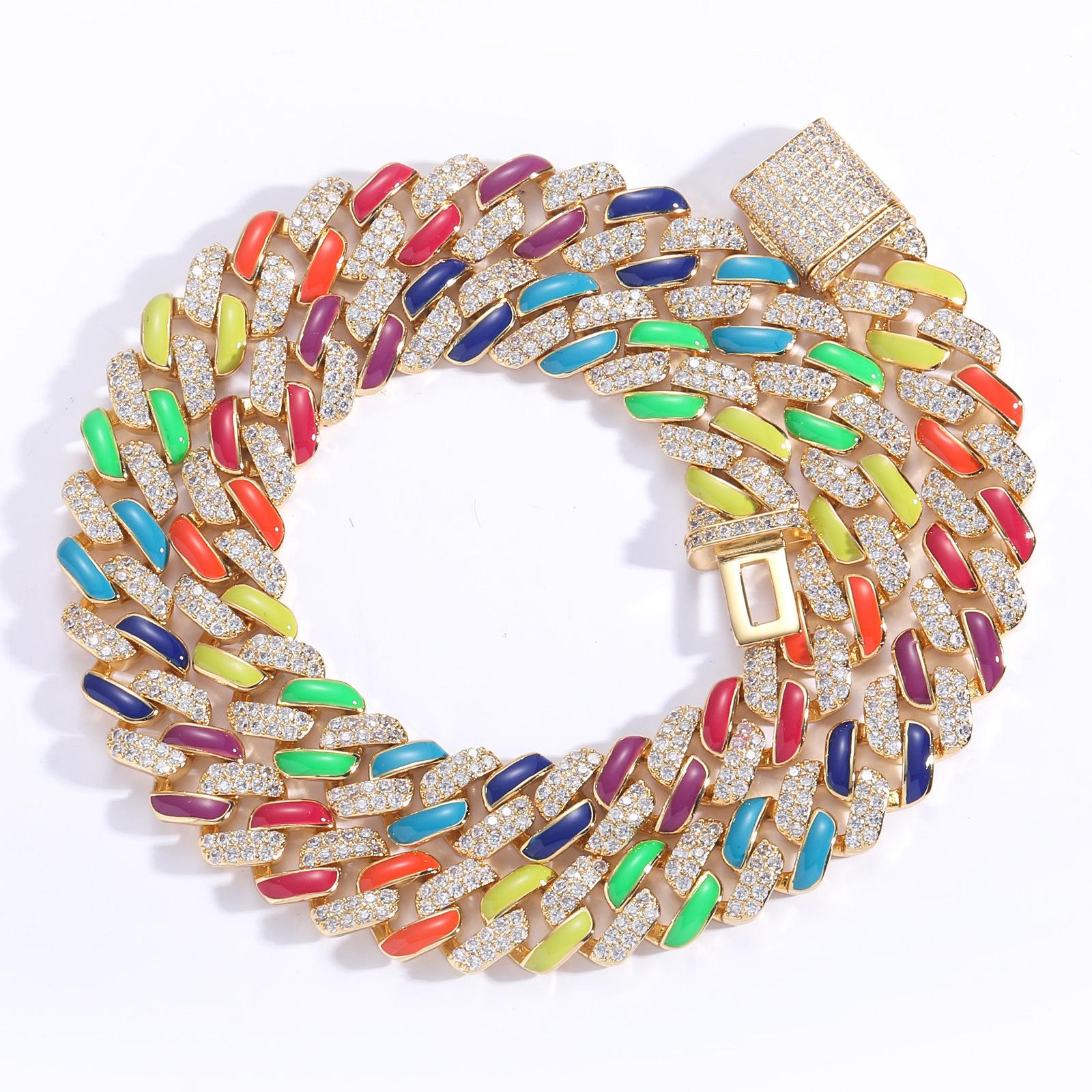 New Bracelets Colorful Rainbow Jewelry Stacked 12mm 5a Cubic Zirconia Cuban Link Chain Cz 5mm 20 Inch Necklace with Zircon 7inches(17.78cm) золотой