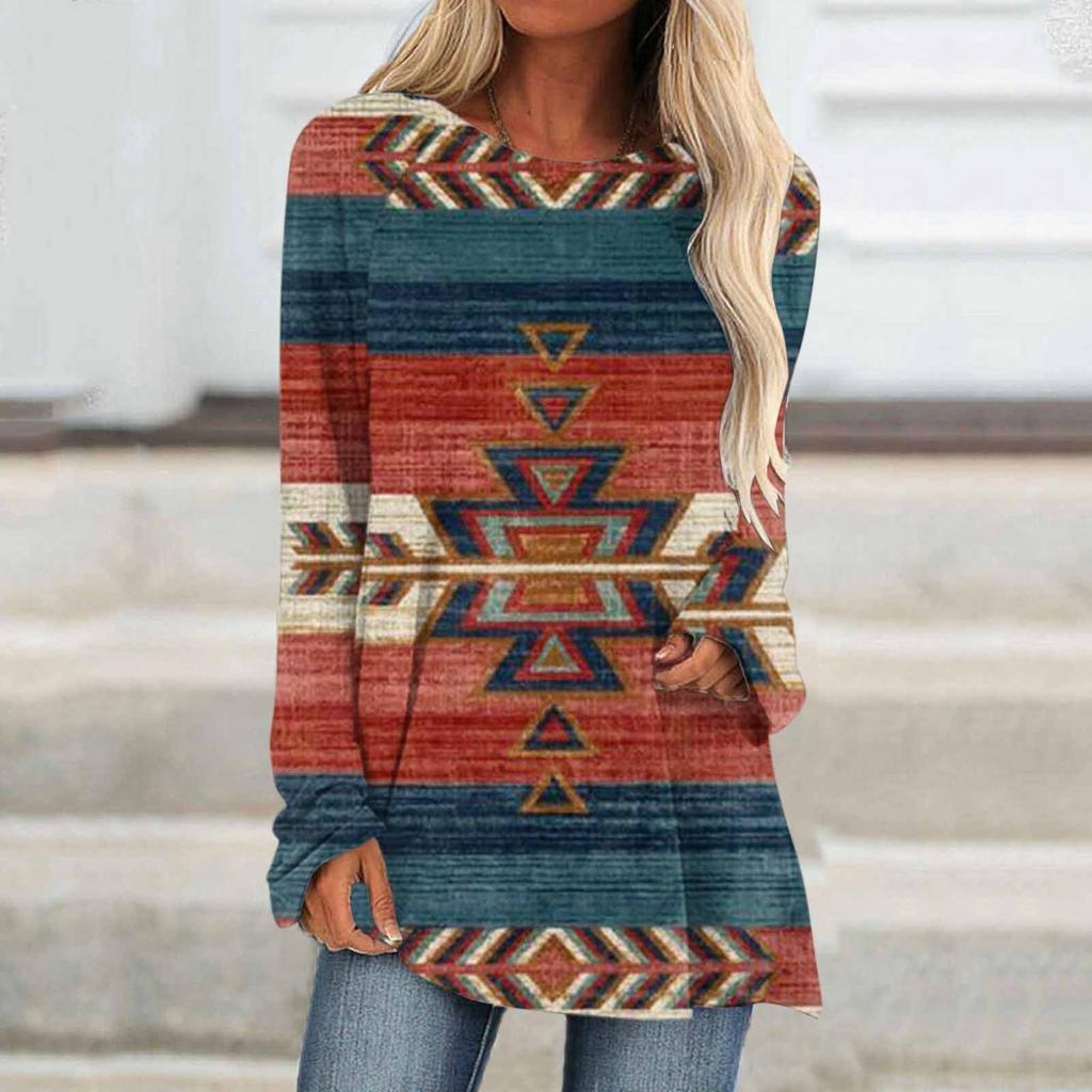 Ethnic tribe geometric print autumn casual comfortable women's long sleeve T-shirt Urban street trend fashion women long sleeve
