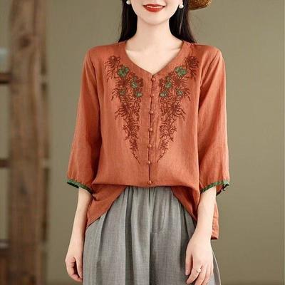 Vintage Hemden Sommer Stickerei Blumenbluse Damen Lässig 3/4 Ärmel Arbeit Blusen Locker Hemd Knöpfe Oberteile
