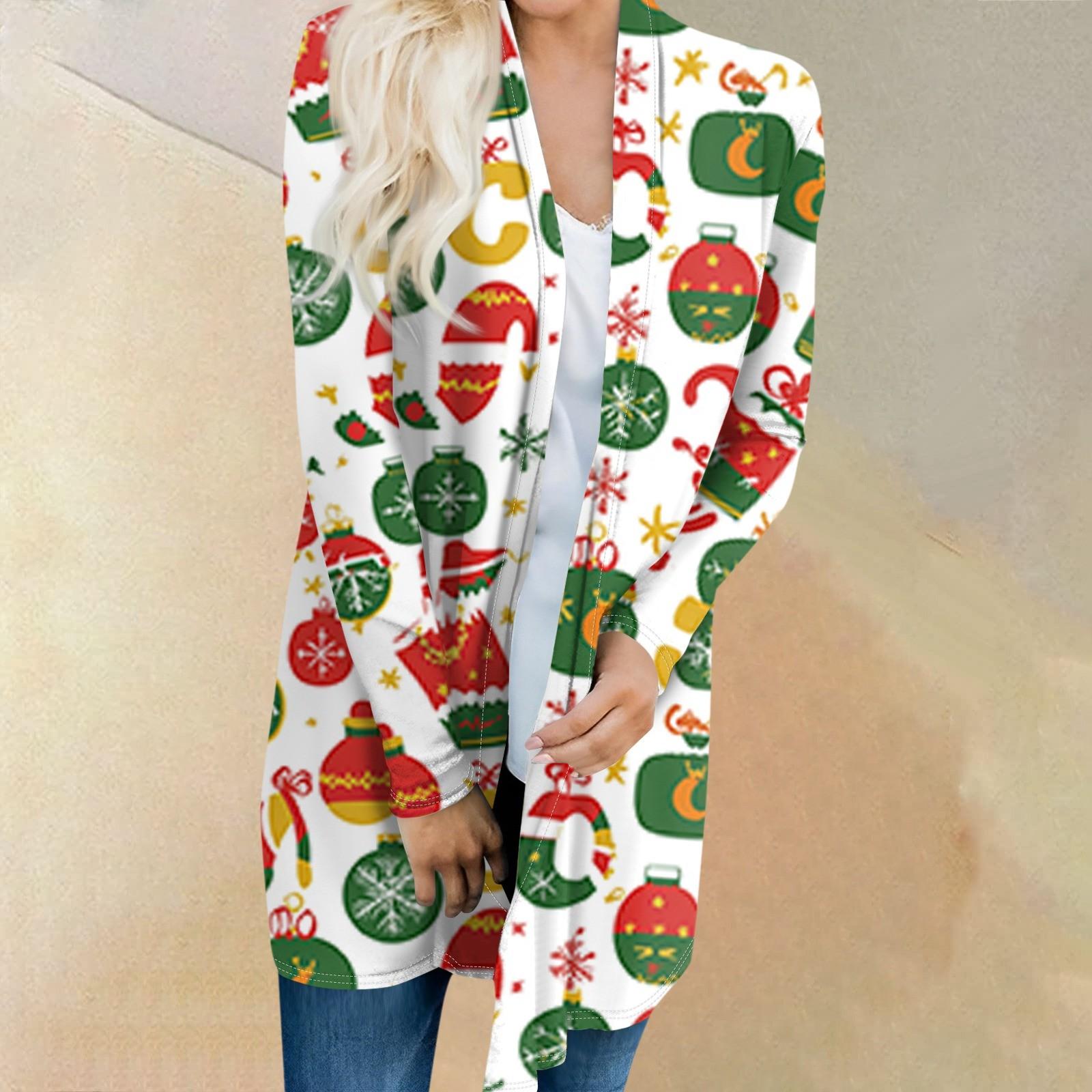 

Женская модная повседневная куртка-кардиган средней длины с принтом рождественской елки и снеговика M белый