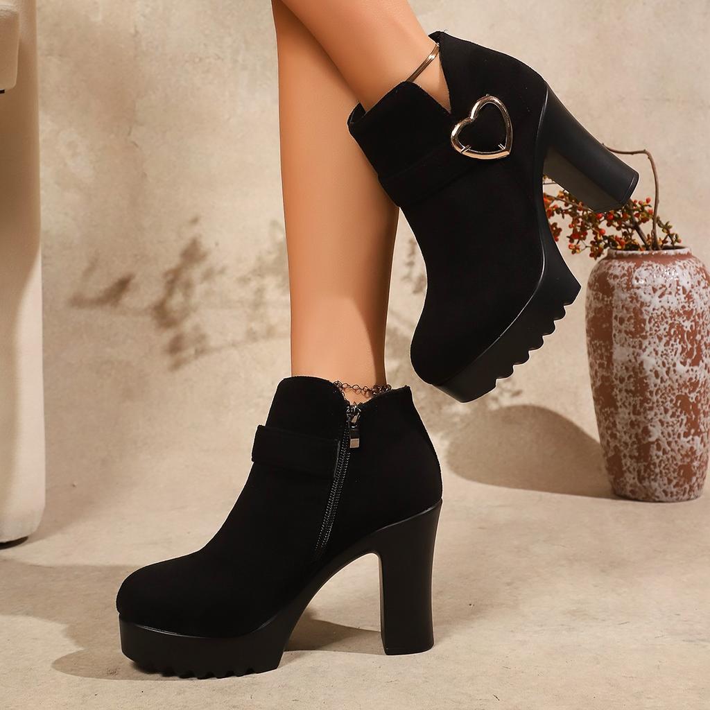 Short boots suede velvet single boots round head large size autumn and winter new thick heel high heels fashion