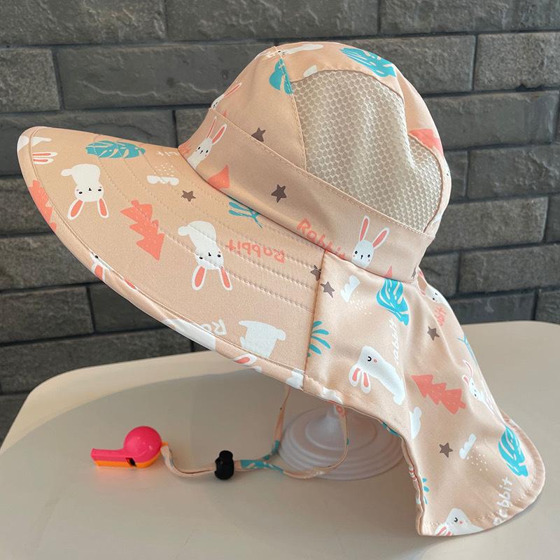 Cute Cartoon Baby Sun Hat Summer Hollow Mesh Fisherman Cap with Shawl Outdoor Sunscreen Kids Large-brim Panama Hats 3-8 years old