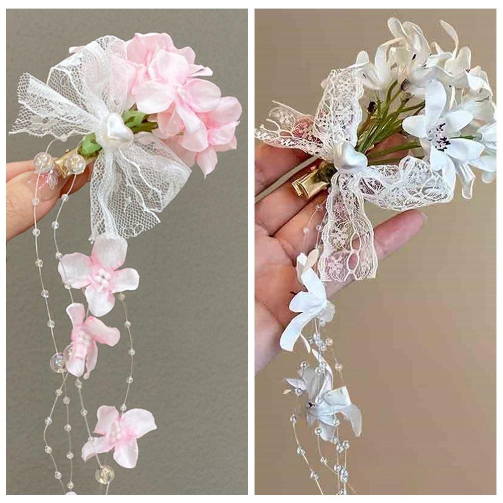2 Pcs Fabric Flower Hairpins Lace Bow Solid Color Hanfu Hair Accessories Side Clip Headpieces Chinese Style Hair Clip Party