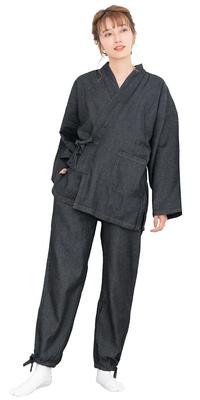 KYOETSU Damen Waschbarer Denim Samue (Arbeitskleidung), Einfarbige, 100% Baumwolle, Ganzjahresartikel, Schwarz (Groß)
