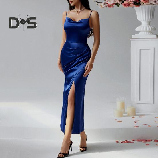 Dámské saténové bodycon šaty s špagetovými ramínky, bočními slipy, dlouhé šaty s kapucí, sexy klubové midi šaty pro večerní příležitosti, narozeninové oslavy, svatby