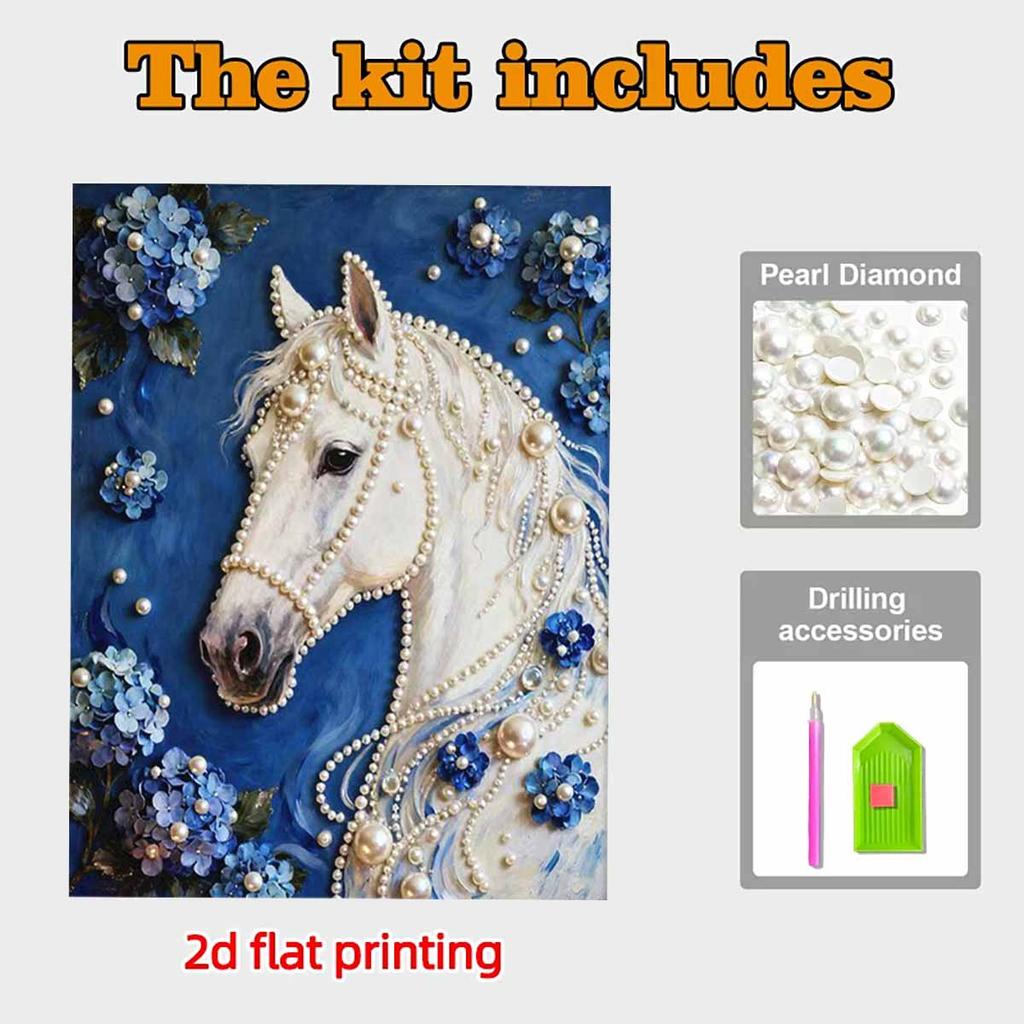 DIY White Horse Pearl Art Painting for Home Wall Decor Pearl Gem Paintings Picture Arts Craft  for Adults/Beginners Gift Idea Home Decor Without Frame
