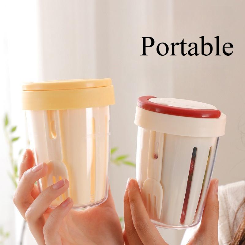 Dripable Fruit Cup with Fork Food Grade Student Portable Picnic Storage Bucket Plastic Cup Sealed Leak Proof Salad Cup 1PC
