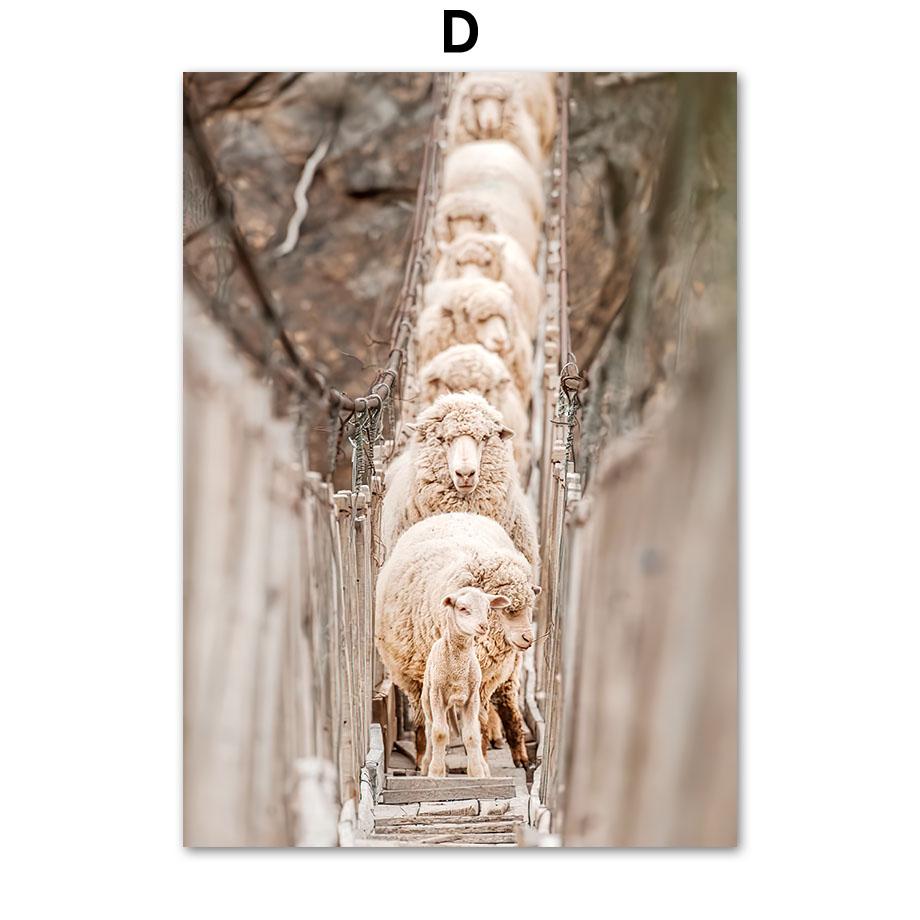 Sheep Deer Squirrel Snow Mountain Bridge Pine Wall Art Canvas Painting Posters And Prints Wall Pictures For Living Room Decor