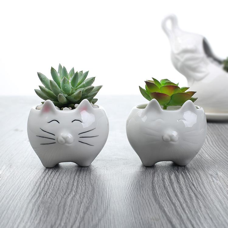 European Mengmeng Cartoon Kitten White Ceramic Flower Pot, Creative Gardening Balcony Succulent Flower Pot Ornament