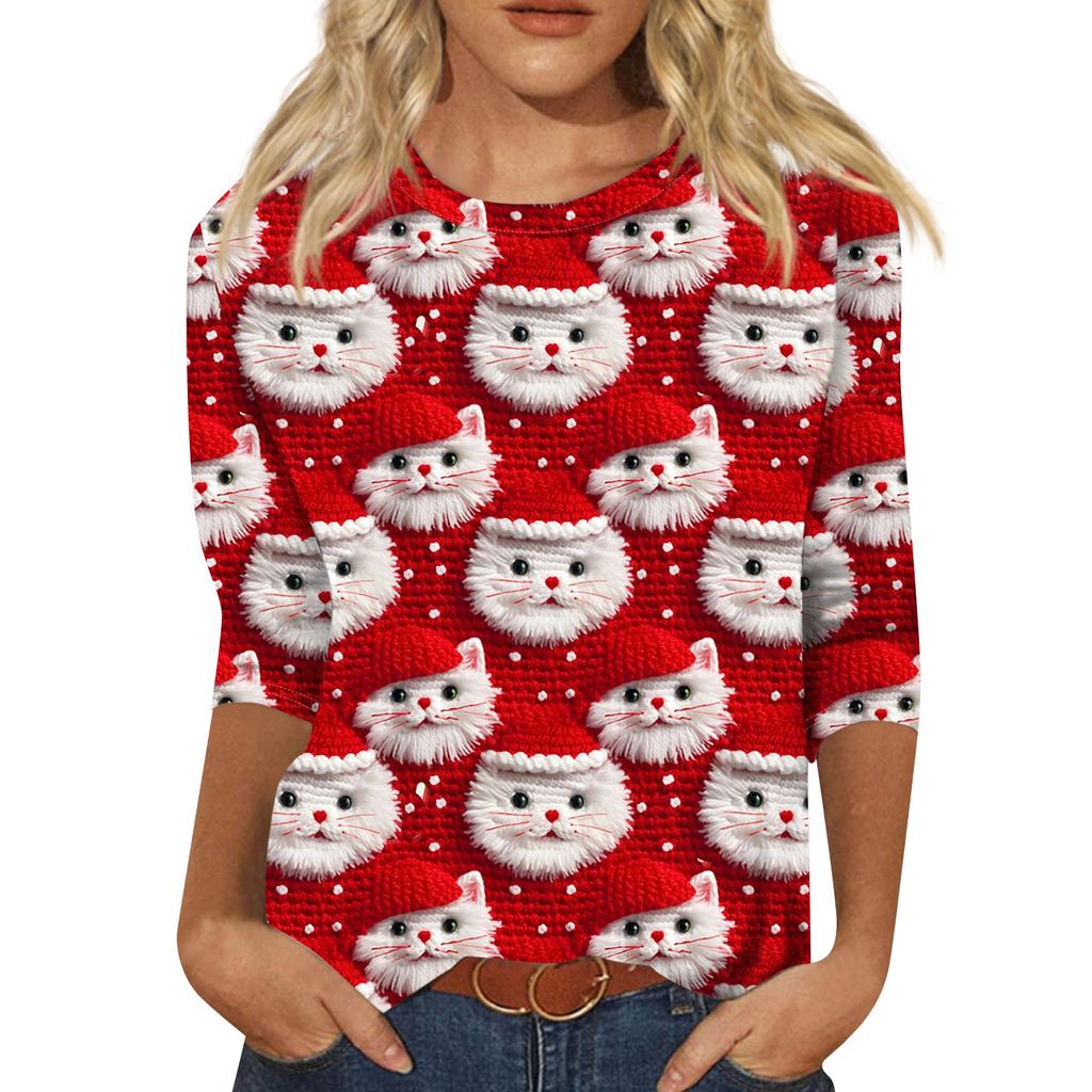 Dámská móda ležérní tričko s kulatým výstřihem, 3/4 rukávem, volným potištěným tričkem, dámský top