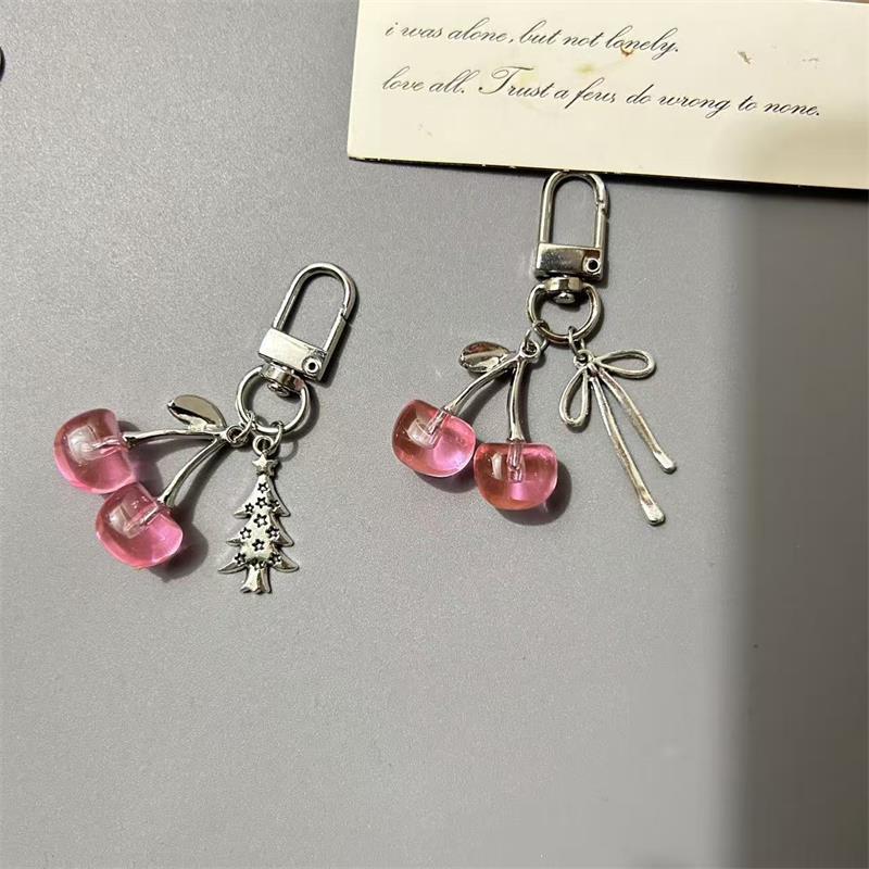 1/2 Pcs Cute Cherry Keychain Pendants Girl Heart Bag Backpack Hanging Christmas Tree Bow Charm Phone Chain Keyring Birthday Gift